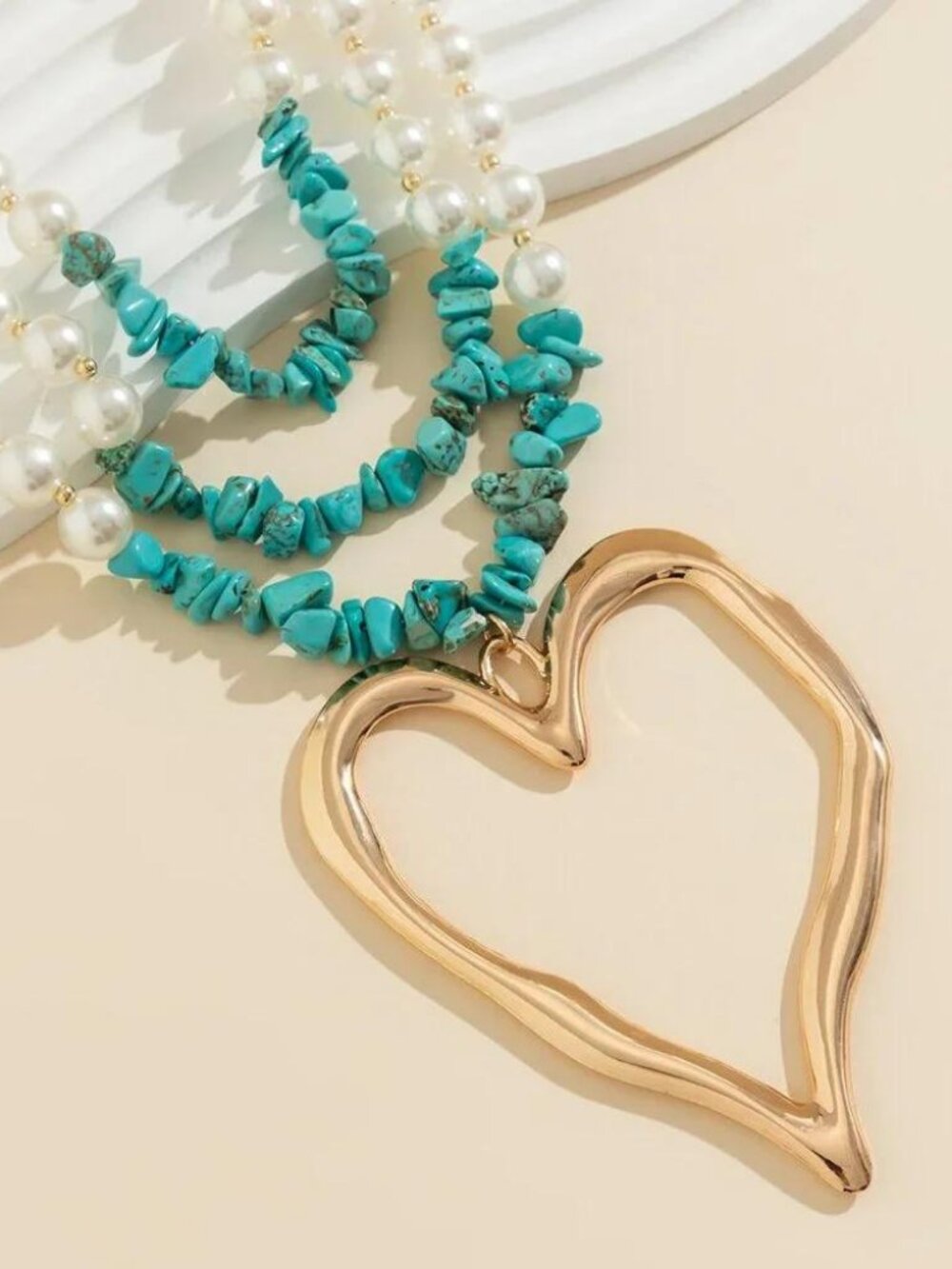 Large Heart Turquoise color Multi Layer Faux Pearl Statement Necklace - Picture 3 of 4